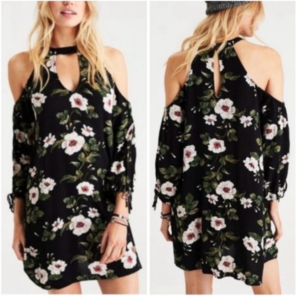 Black floral cold shoulder dress